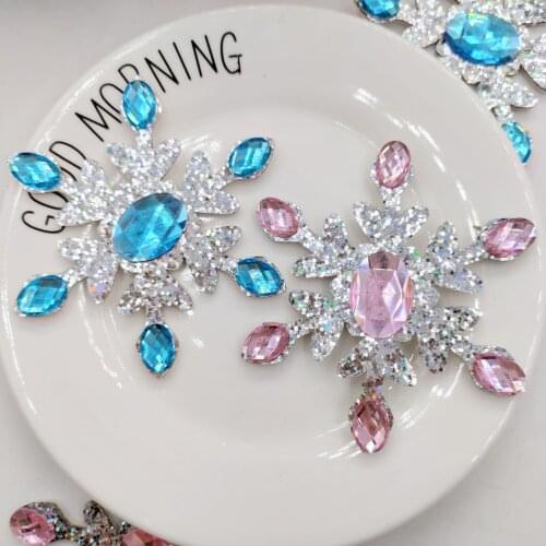 15pcs/lot 9cm Glitter snow flower with Plastic crystal Appliques Padded Patches for Wall Clothes Stickers DIY Hair Clips