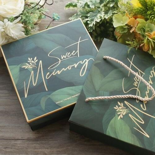 18.5*18.5*6cm 3set Deep Green Leaves gold Sweet Memory Design Paper Box + Bag As Baby Shower Birthday Wedding Gift Packaging Use