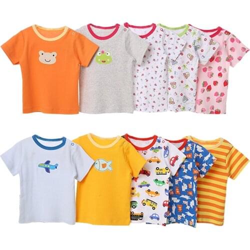 [5 Pcs/Lot Random Color] Baby T-Shirt 100%Cotton Cartoon Print Baby Girl Tops Summer Short Sleeve Toddler Boys Tshirt Clothes
