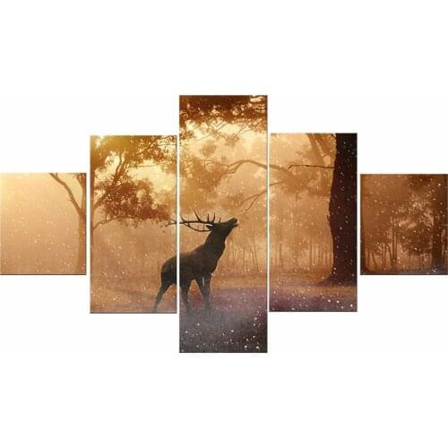 5 Pieces Deer in Sunset Forest Landscape Wall Art canvas Decorative picture cuadros oil painting Wall pictures for living room