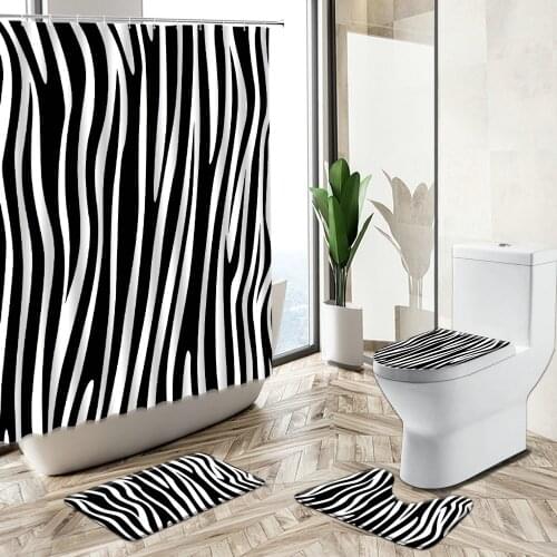 Black White Striped Shower Curtains Modern Geometric Design Bathroom Sets European Style Non-Slip Carpet Toilet Cover Floor Mat