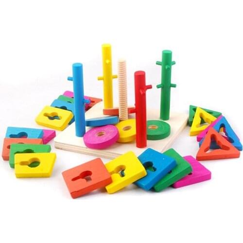 Wooden Math Toys Intelligence Five Column Building Block Wooden Geometric Sleeve Children Toy Educational Toys