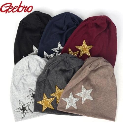Geebro 2019 New Women Rhinestones Star Casual Beanies Hats Soft Thin Cotton Baggy Skullies Hats Cap for Ladies Girls