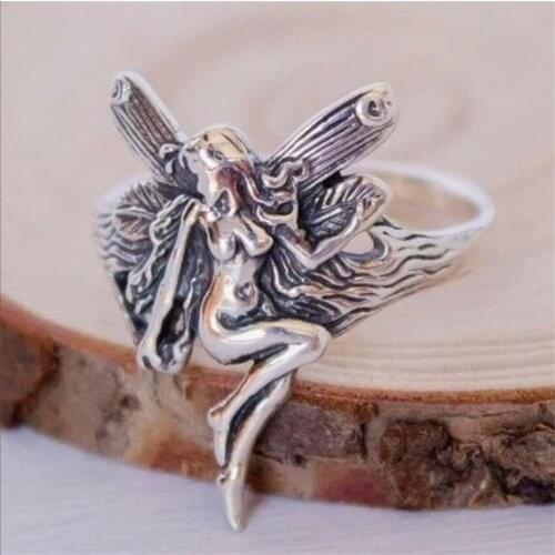 Fairy Pattern Charm Ring Old Silver Color Vintage Design Jewelry Pixie Engraved Accessories For Girl Cocktail Patry Circlet