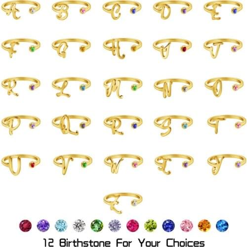 Gold Color Alphabet A-Z 26 Letters Initial Ring for Women Personalized Opening Crystal Cuff Ring Female