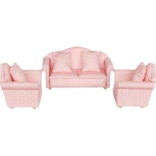 Mini Dollhouse Sofa, 1/12 Miniature Polka Dot Sofas 3-Piece Sofa Set with 4 Pillows Dollhouse Furniture for Home Bedroom