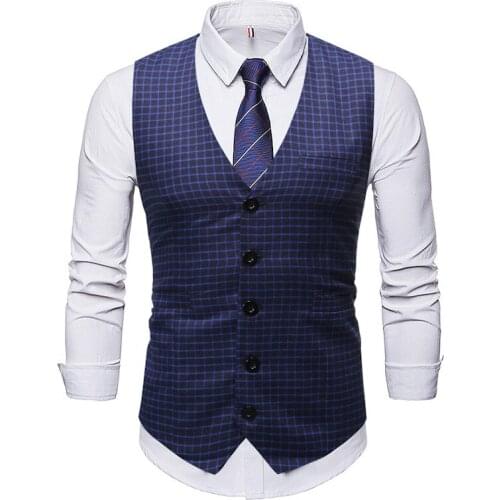 Men Sleeveless Slim Fit Suit Vest Men Vintage Vest Fashion Plus Size Leisure Wedding Lattice Waistcoat