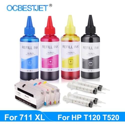 711 711XL For HP DesignJet T120 T520 Inkjet Printer Plotter Refill Ink Kit 4 color Cartridge With ARC Chips and 400ml Dye Ink