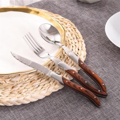 6pcs Stainless Steel Steak Knife Dinner Fork Soup Spoon Wood Handle Tableware Set Laguiole Dinner Knives Christmas Cutlery 8.6in