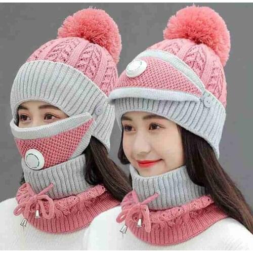 2021 New 3 Pieces Set Womens Knitted Hat Scarf Caps Neck Warmer Winter Hat For Ladies Girls Skullies Beanies Warm Fleece Caps