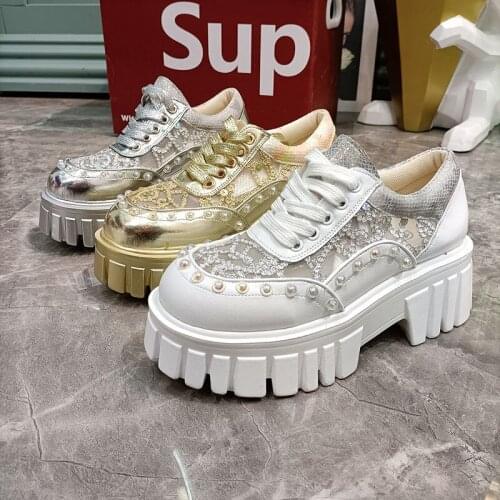 Summer New Thick-Soled Womens Shoes Breathable Mesh Pearl Casual Height-Increasing Shoes Lace Stitching Trend Single Shoes
