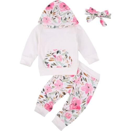Toddler Baby Girl Clothes 3PCS Outfit, Long Sleeve Floral Hooded Pocket Sweatshirt and Floral Pants Headband Spring Autumn Sets