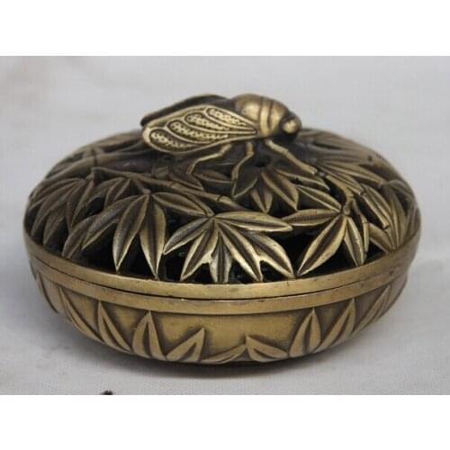 Song voge gem S0779 China Palace Royal Bronze Copper Carved Bamboo Cicada Bowl Incense Burner Censer