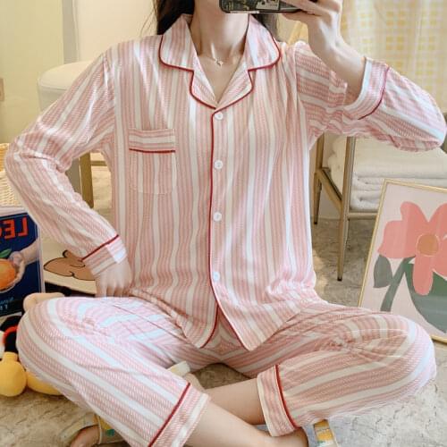 2021 Spring Summer Cotton 2 Piece Pajamas Set Women New pink stripe Colorful Sleepwear Long Sleeve Pajamas Female Sleep Homewear