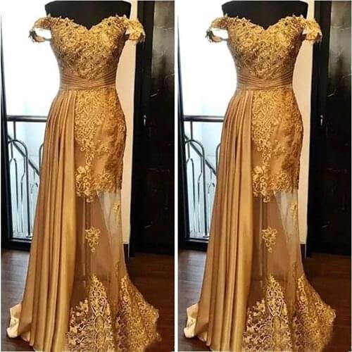 2020New Backless Formal Dresses Evening Dress Gold Illusion Off-Shoulder Sleeveless Elastic Satin Tulle Prom Party Gown Applique
