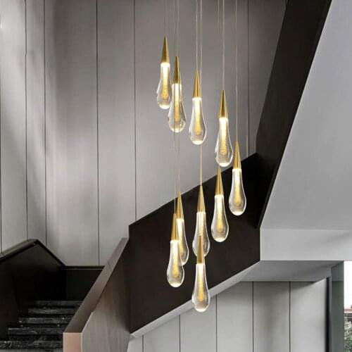 Luxury Staircase Chandelier Lighting Water Droplets Crystal Loft Long Hanging Lamp Villa Living Room Bedroom Bedside Lights