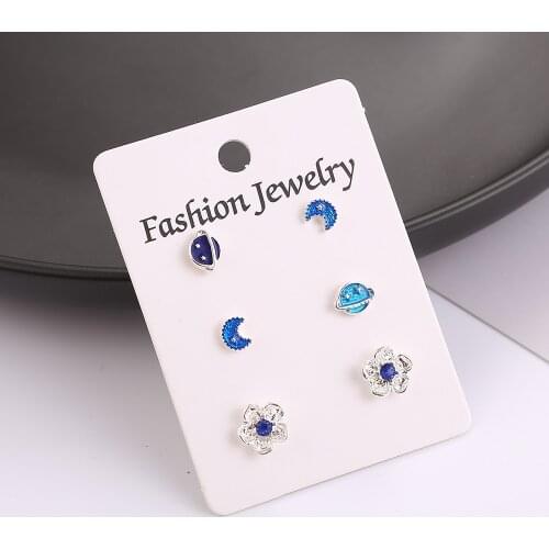 3 Pairs/set Blue Universe Earth Moon Earrings for Women 2019 New Statement Crystal Flowers Stud Earrings Set Jewelry Gifts