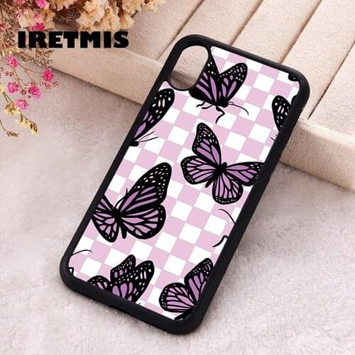 Iretmis 5 5S SE 2020 Phone Cover Case for iPhone 6 6S 7 8 Plus X Xs XR 11 12 Mini Pro Max Silicone TPU Purple Butterfly Checkers