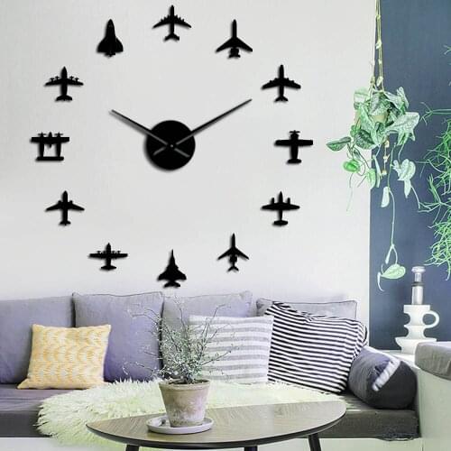 Modern DIY Flying Plane Fighter Je Giant Wall Clock Acrylic Mirror Surface Sticker Airplane Wall Clock Aviator Pilot Home Decor