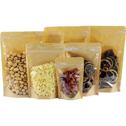 Stand up One Side Clear Kraft Paper Zip Lock Bags High Clear Plastic Window Resealable Snack Capsule Coffee Spices Gifts Pouches