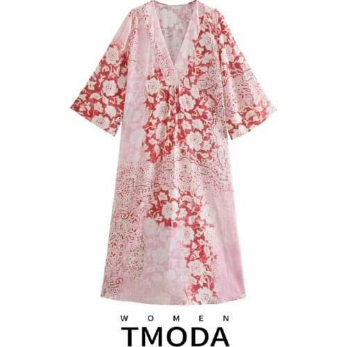 TMODA1662 2021 Summer Women Fashion Red Floral Printed Midi Dress Lady Loose V Neck A Line Long Dress Female Chic Vestidos