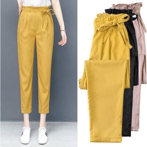 Thin Style Western Flower Bud Waist Korean Spring And Summer Loose Show Feet Nine Point Radish Harun Casual Pants D032