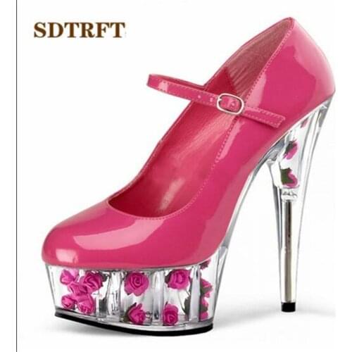 SDTRFT shoes woman spring/autumn 15cm Thin high heels platform wedding Patent Leather round head ankle pumps,Big 35-43 44 45 46
