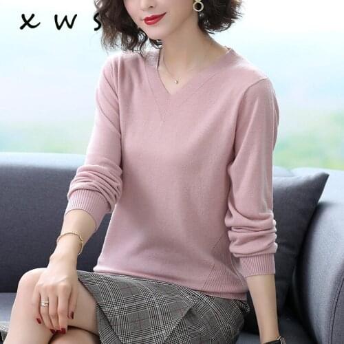 High quality Spring Autumn V Neck Knitted Pullovers Women Slim basic Sweater Elastic Solid Color Jumpers female women sweater