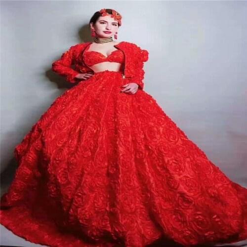 Y67 Singer stage dance costumes red flower rose long dress party evening wedding skirt performance outfits jacket bra sexy set