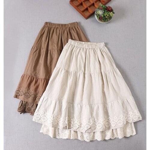 Japanese Mori WomenS Solid Color Stitching Linen Skirt Artistic Fake Two-Piece Double-Layer Lace Hem A-Line Skirt Spring