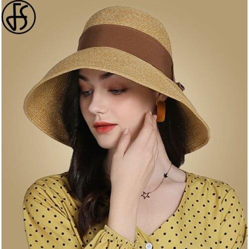 FS Straw Hat Bowknot Sun Caps Large Wide Brim Beach Women Hat Summer Boater Ribbon Round Top Fedora Hats Black Brown Foldable