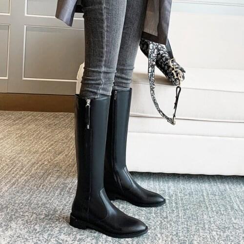 QZYERAI Round Toe Knee High Boots 2021 Winter Newest Genuine Leather Shoes Woman Heels Party Basic Thick Heels Winter Boots
