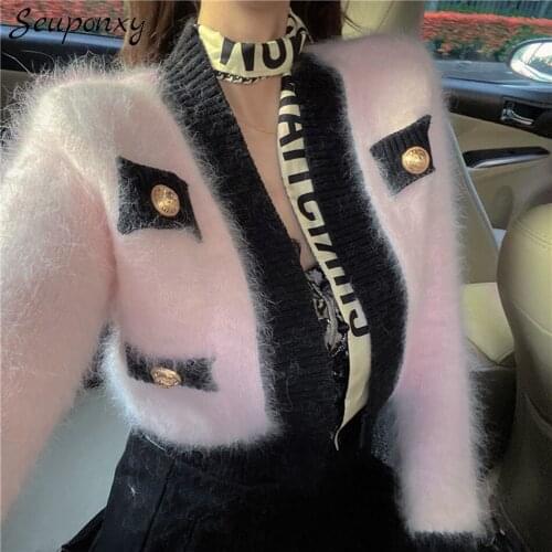 High Quality Imitation Mink Wool Knitted Cardigan Short Jacket WomenS Elegant Sexy V-Neck Button 2021 Winter Sweater Jacket