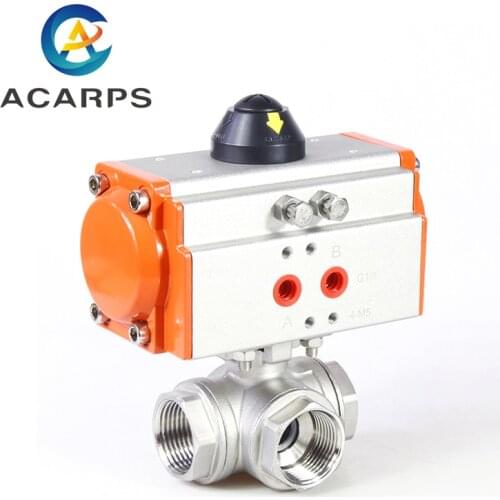 1/2" Three piece High Platform Pneumatic 3 Way Ball Valve 304 Stainless steel Q611F-16P Double Acting Cylinder