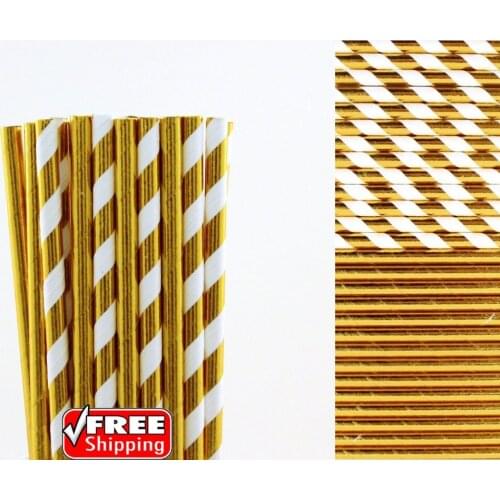 200pcs Mixed 2 Designs Metallic Gold Foil Paper Straws-Striped and Solid Plain Gold Christmas Wedding Holiday New Year Hollywood
