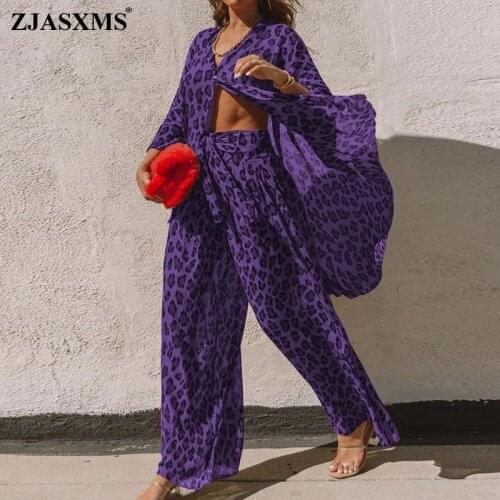 2020 Leopard Print Shirt and Wide Leg Pants 2 Piece Set Women Button V Neck Long Sleeve Suit Lady Elegant Autumn Two Piece Sets