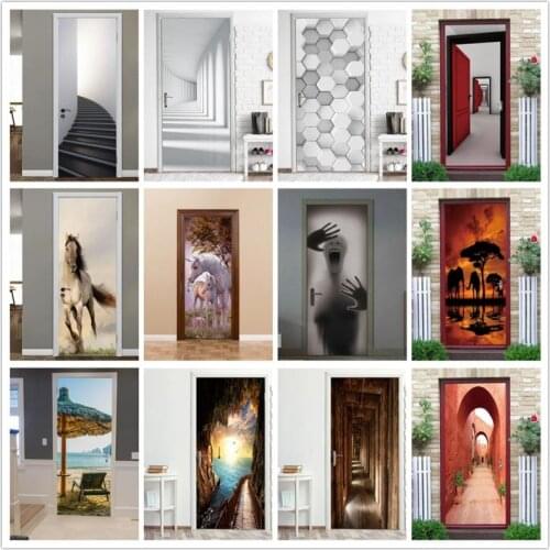 3D Door Sticker Sea View Print Picture Waterproof Wallpaper Geometric Pattern Stickers On Doors Self Adhesive Decals Home Decor