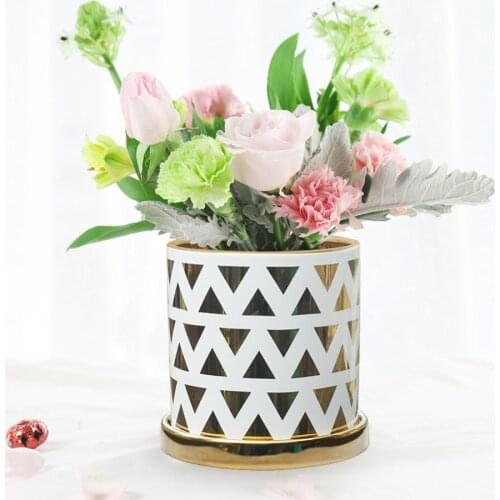 5 Inch Gold White Geometric Ceramic Succulent Cactus Planter Plant Containers Flower Pots with Saucer