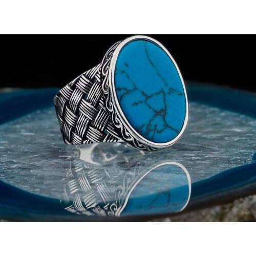 925 Sterling Silver Men Ring with Oval Turquoise Stone Knit Pattern Vintage Gift Jewelry Fasion Agate Zircon Men Rings