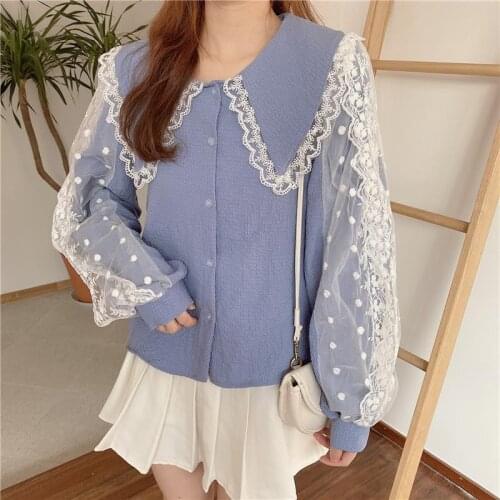 Korean Kwaii Lace Shirts Women Fashion Long Sleeve Blue White Blouses Plus Size Clothes New Fall Winter Pullovers Blusas Mujer