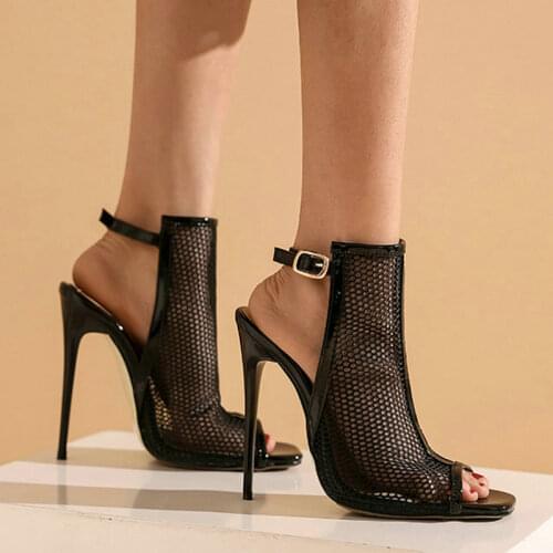 New Product Fashion Buckle Sexy Fish Mouth High Heels Mesh Ankle Boots Sandals Thin High Heels Women Summer High Heel Size 34-43