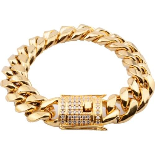 16mm 7-11inch Hip Hop Miami Cuban Curb Chain Stainless Steel Gold Cubic Zircon Mens Womens Bangle Bracelet Jewelry Xmas Gift