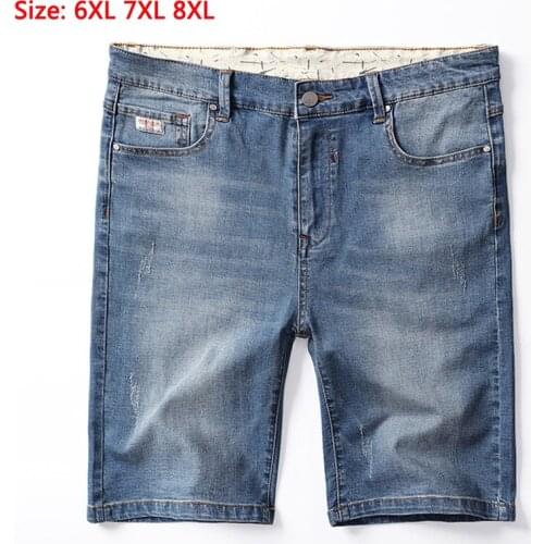 Half Length Elastic Waist High Waist Skinny Jeans summer Super Large Cotton Shorts Knee Length Mens Plus Size 30-42 44 46