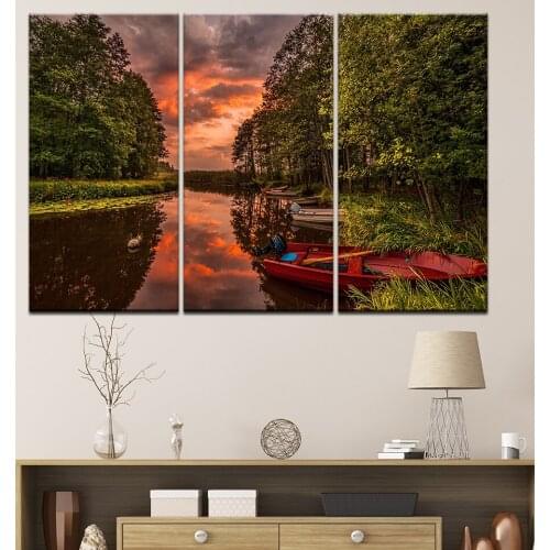 Canvas Painting Red Lake Tree Landscape Quadros Decoration Oil Picture Scenery Wall Art Picture for Living Room Frame 3 Piece