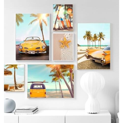 Coconut Tree Girl Car Sunshine Beach Chair Surf Posters And Prints Wall Art Canvas Painting Wall Pictures For Living Room Decor
