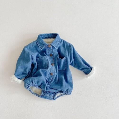 Baby Boy Long-sleeve Denim Overalls Autumn Baby Jeans Rompers Infant Girl Cotton Thickend Warm Velvet Clothes Baby Boys Romper
