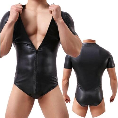 Mens Undershirts PU Leather WetLook Zipper Jumpsuits PVC Catsuit One-Piece Bodysuits Wrestling Singlet Leotard Dance Clubwear