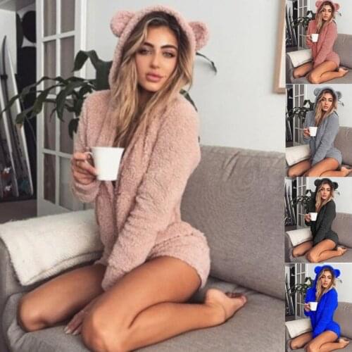 New Hooded Bodysuit Fleece Fuzzy Romper Women Overall Winter Warm Long Sleeve Kawaii Rompers Casual Sweet Girls Playsuits