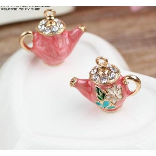 New arrived 20pcs/lot colorful flowers printing 3D alloy drop oil gold-color cartoon Teapot charms diy phone/key chain pendants