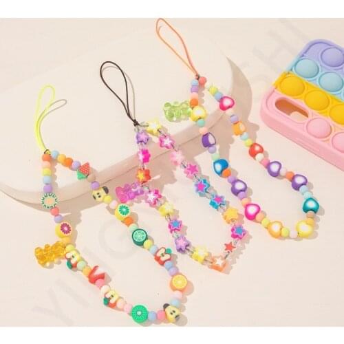 New Colorful Acrylic Star Heart Beads Charm Mobile Phone Chain Cellphone Strap Anti-lost Lanyard for Women Summer Jewelry Gifts